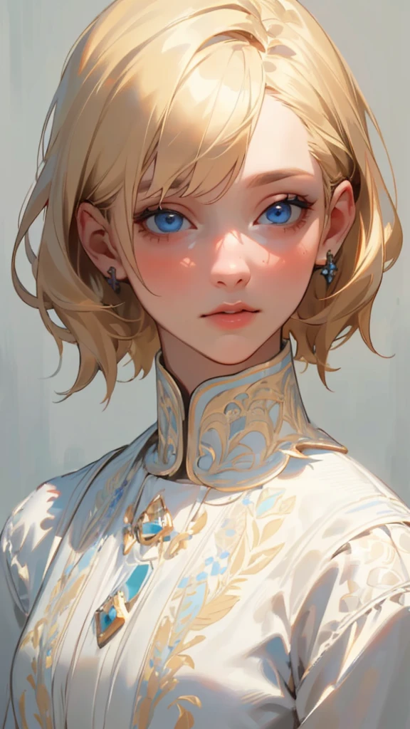 (masterpiece: 1.2, Highest quality), Realistic, (Realistic Picture, Intricate details, Depth of written boundary), Highest quality, masterpiece, Very detailed, Semi Realistic, 1 Girl, Mature Woman, 2, Blonde, shoulder-length short hair,, The left eye is covered with hair, blue eyes, King&#39;s Clothes, Red Cape, Slim figure, A crown made of precious gold, Read the document, Document marking, Goose hair pen, Office Table, Soft bench, palace, palaceで, middle ages