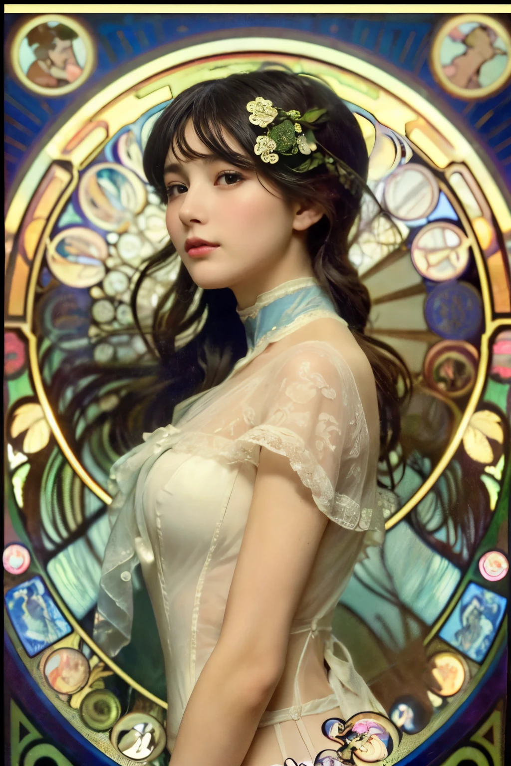 
((masterpiece:1.4, Highest quality)), (Realistic photos:1.4), (artwork),
((1 Girl)), (Otherworldly beauty), (dream-like),
(超High resolution:1.2), Very delicate and beautiful, wonderful, Very detailed CG Unity 8k wallpaper, Very detailed, High resolution, 
Soft Light, Beautiful detailed girl, Very detailedな目と顔, Beautiful and exquisite nose, Beautiful and exquisite, 
(Dressed in early 20th century French costume:1.3),
Cinema Lighting, Perfect Anatomy, Slender body, (Parted bangs),
(Portrait of a Girl by Alphonse Mucha:1.5), (Abstract Background), (Designed picture background),
Cowboy Shot