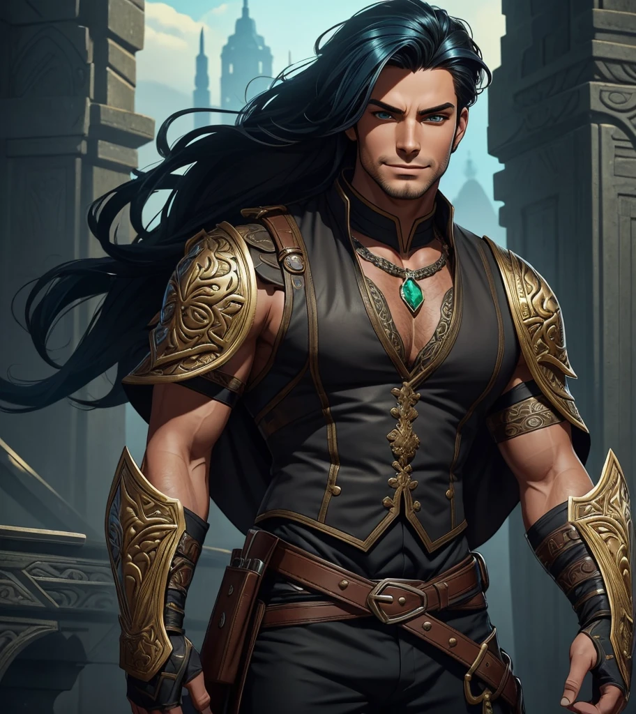 (((Solo character image.))) (((Generate a single character image.)))  (((He is the sexiest man in town with a great body and a risque outfit.))) Amazingly handsome, sexy and sexually appealing male character.  (((Shoulder length sexy hair.))) (((Wearing a fantasy style vest.))) Create an alluring male fantasy character for a thrilling fantasy role-playing game, reminiscent of the captivating male protagonists found in Suyo's renowned webcomic, 'This Guy.' Imagine a dashing figure with a perfect blend of strength and charm, standing tall at 6'2" with a well-defined, athletic physique. His striking emerald green eyes gleam with an air of mystery, framed by long, jet-black lashes that accentuate their depth.
His flowing ebony hair, with subtle azure highlights, cascades down to his shoulders, giving him an enigmatic aura. His chiseled jawline, lightly dusted with a five o'clock shadow, adds to his rugged appeal. A mischievous grin plays upon his lips, hinting at his charismatic and confident personality.
Adorned in intricately designed armor, he exudes regal elegance with a hint of rebellion. His chestplate, etched with ancient symbols, glistens in the sunlight, contrasting beautifully with the rich cobalt cloak billowing behind him. His gauntlets bear ornate engravings, each telling a story of his heroic adventures.
Around his waist, a belt holds a plethora of concealed tools and pouches, a testament to his resourcefulness. Leather boots, polished to a high shine, complete his formidable yet captivating look. A scabbard, housing a masterfully crafted sword with an intricate hilt, rests comfortably at his side.
This fantasy character possesses an irresistible magnetism that draws people in, making him a charismatic leader and a heartthrob among allies and foes alike. He is a symbol of courage, adventure, and unyielding determination, inspiring countless tales of heroism in the world of the game.
