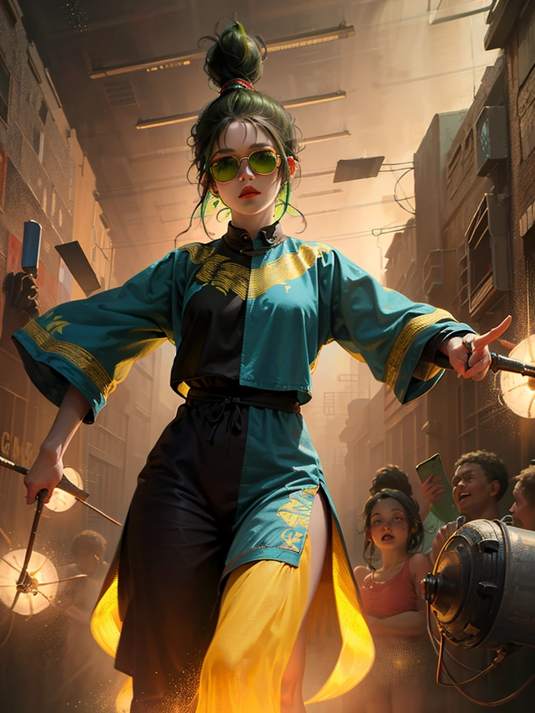 a woman wearing a black jumpsuit with glowing yellow-green lines, cyberpunk, heavy metal, mosh pit, (best quality, 4k, 8k, highres, masterpiece:1.2), live stage, glowing yellow-green lines on the outfit, large sunglasses, punky hairstyle, drummer