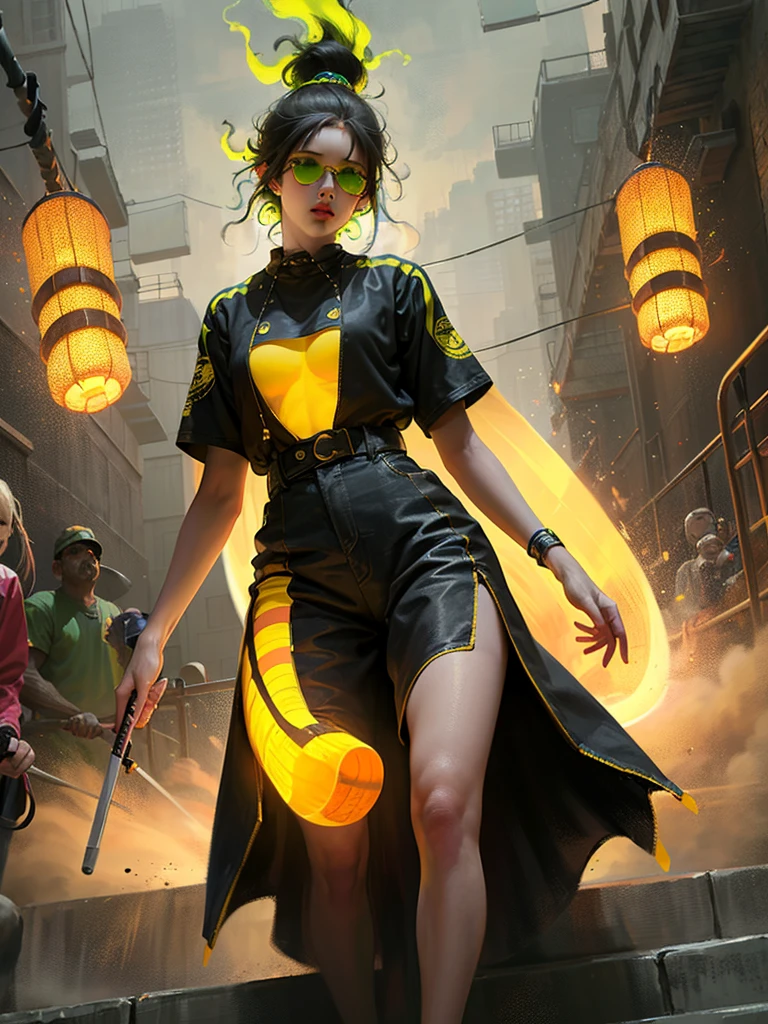 a woman wearing a black jumpsuit with glowing yellow-green lines, cyberpunk, heavy metal, mosh pit, (best quality, 4k, 8k, highres, masterpiece:1.2), live stage, glowing yellow-green lines on the outfit, large sunglasses, punky hairstyle, drummer