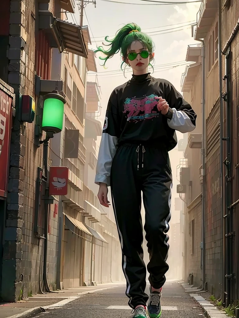 a woman wearing a black jumpsuit with glowing neon green lines, cyberpunk, hard rock metal, mosh pit, (best quality,4k,8k,highres,masterpiece:1.2),live stage, cyberpunk outfit with glowing neon green lines, large sunglasses, punk hairstyle