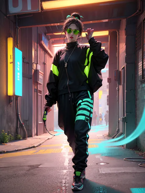 a woman wearing a black jumpsuit with glowing neon green lines, cyberpunk, hard rock metal, mosh pit, (best quality,4k,8k,highre...