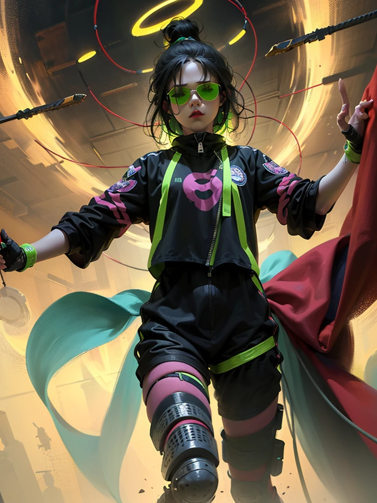 a woman wearing a black jumpsuit with glowing neon green lines, cyberpunk, hard rock metal, mosh pit, (best quality,4k,8k,highres,masterpiece:1.2),live stage, cyberpunk outfit with glowing neon green lines, large sunglasses, punk hairstyle