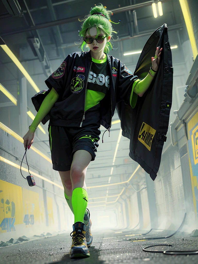 a woman wearing a black jumpsuit with glowing neon green lines, cyberpunk, hard rock metal, mosh pit, (best quality,4k,8k,highres,masterpiece:1.2),live stage, cyberpunk outfit with glowing neon green lines, large sunglasses, punk hairstyle