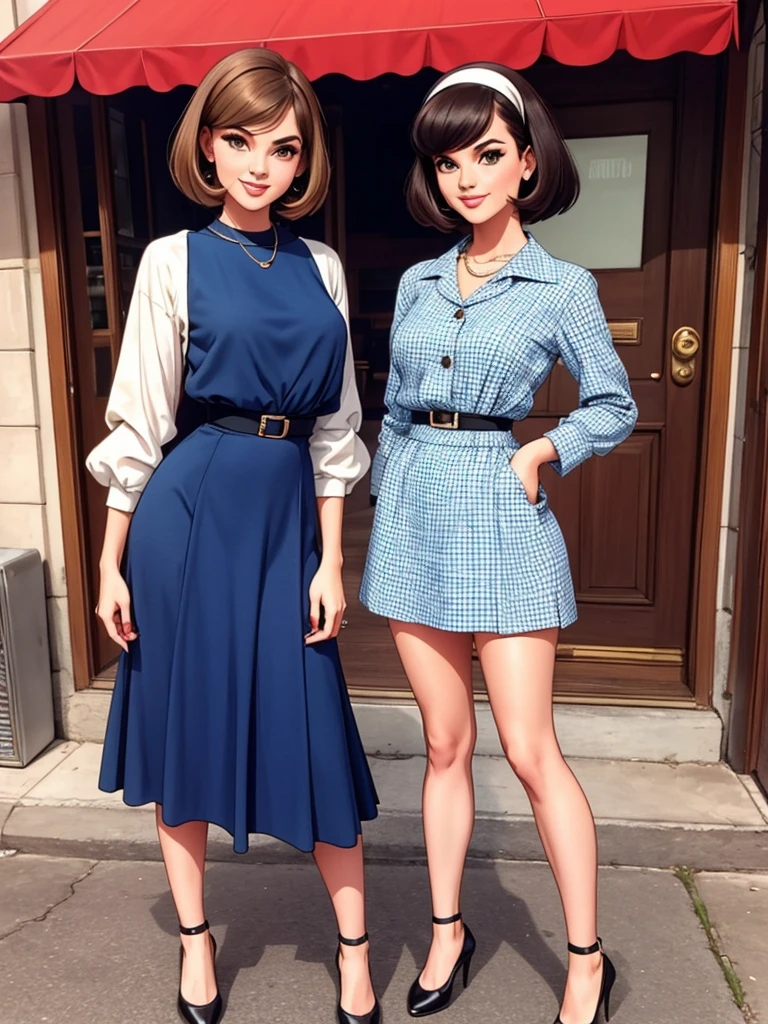 two fashionable young women posing for a picture, retro 60s girls fashion