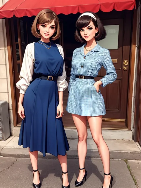 two fashionable young women posing for a picture, retro 60s girls fashion