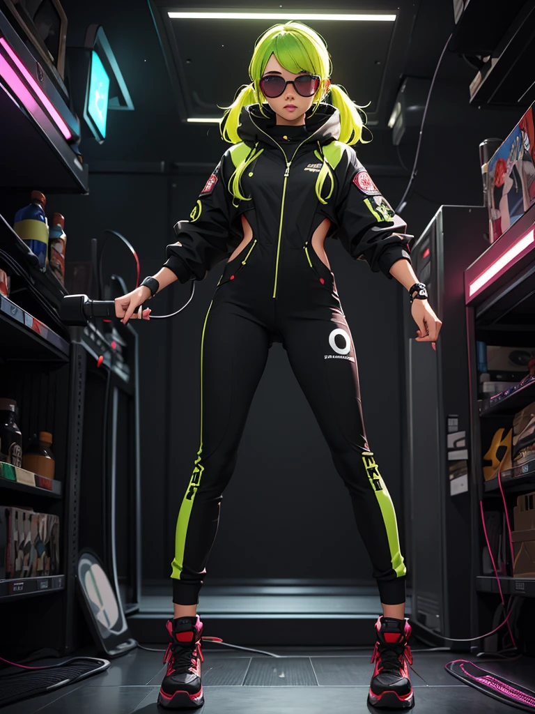 Black workwear jumpsuit、Costume with glowing yellow-green linesを着た女性, cyber punk, Punk Rock, Mosh Pit, (Highest quality,4K,8K,High resolution,masterpiece:1.2),Live Stage、Costume with glowing yellow-green lines、Large sunglasses,Punkish hairstyle、Full body portrait
