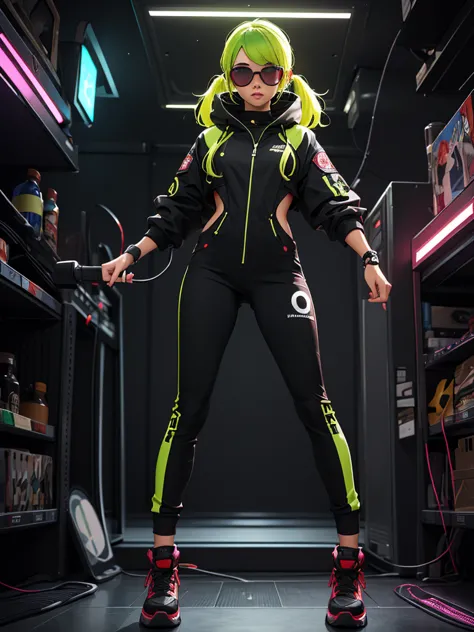 black workwear jumpsuit、costume with glowing yellow-green linesを着た女性, cyber punk, punk rock, mosh pit, (highest quality,4k,8k,hi...