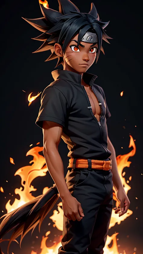 dark skin Naruto,1boy, black_background, fire, 9 fox tails,