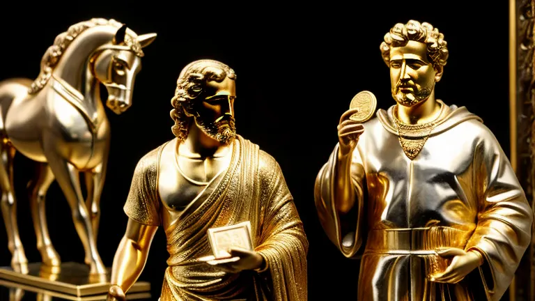 i want a sculpture of stoic philosophers with a black and white background. the image should focus on philosophers holding money...