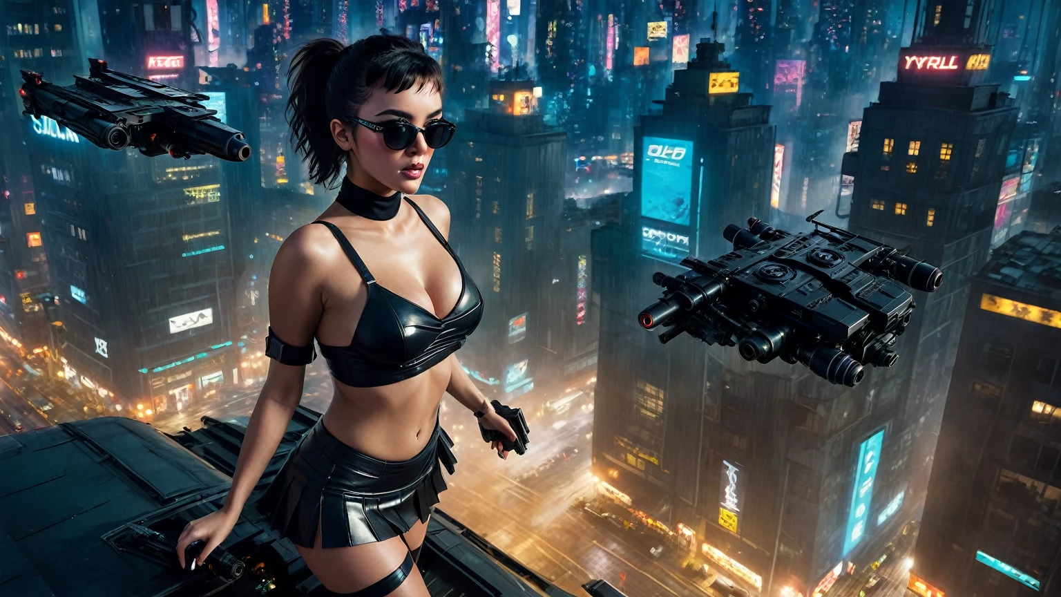 (((((มุมมองจากด้านบน))))), ภาพของ Blade Runner, อาคารของ Tyrell Corporation, ถนนและเส้นทางเรือข้างเคียง- (((((รถยนต์ที่บินได้, เสียงพึมพำ))))), ในสภาพแวดล้อมไซเบอร์พังค์และอนาคต, ผลงานชิ้นเอก, รายละเอียดที่ซับซ้อนของเครื่องจักร, 8ก. สไตล์เมทริกซ์, (((((รหัสแบบเรียงซ้อนเมทริกซ์))))), (((((ตึกระฟ้าแฝดในอนาคตที่มีการออกแบบที่เป็นเอกลักษณ์และบิดเบี้ยว))))), (((((อินเตอร์เฟซ GUI OLED ในอาคาร))))), ตอนกลางคืน, (((((1สาว, ตามลำพัง))))), ภาพถ่ายที่สมจริง, (((เต้านมปานกลาง:1.3 หุ่นเพรียว, ความแตกแยก))), (((สลิงด้านบน, กระโปรงพับจีบสั้นมากจนเห็นกางเกงใน))), (((((ท่าวิ่ง))))), (((((แว่นกันแดดสีดำสไตล์เมทริกซ์))))), ((((((((((ท่าทางเล็งด้วยปืนสั้น)))))))))), (((((มองกล้อง))))), (((การมองเห็นที่ต่ำมาก))), (((((ภาพถ่ายระดับต้นแขน))))), (((แสงภาพยนตร์))).