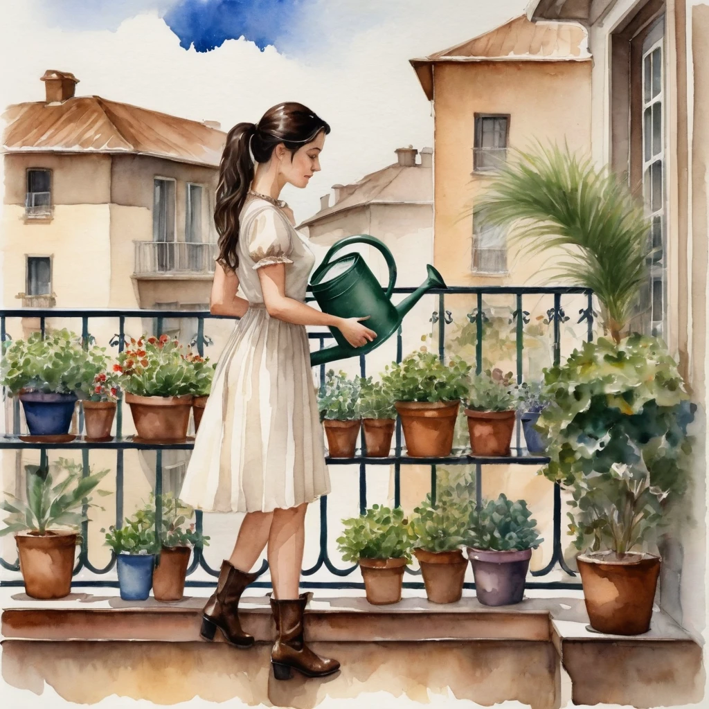 watercolor painting.captured a woman is seen watering a variety of potted plants on a balcony. she's dressed in a short, off-white dress, adorned with short sleeves and a ruffled neckline. her long, dark hair is neatly pulled back into a ponytail, and she's wearing brown boots with a high heel. her right hand is raised, holding a watering can, while her left hand is positioned on the balcony railing. the balcony railing, a dark brown, is punctuated by a series of wrought-iron