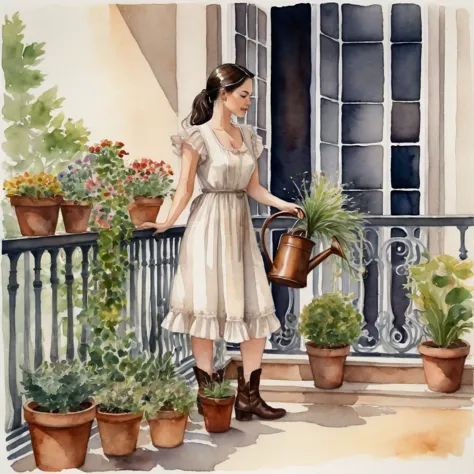 watercolor painting.captured a woman is seen watering a variety of potted plants on a balcony. she's dressed in a short, off-whi...