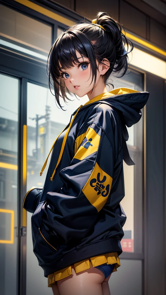 (obra de arte, mais alta qualidade, resolução mais alta, distinto_imagem, detalhes detalhados) uma menina japonesa bonito, vestindo um moletom oversized, combinação de azul escuro e amarelo, design de capuz 