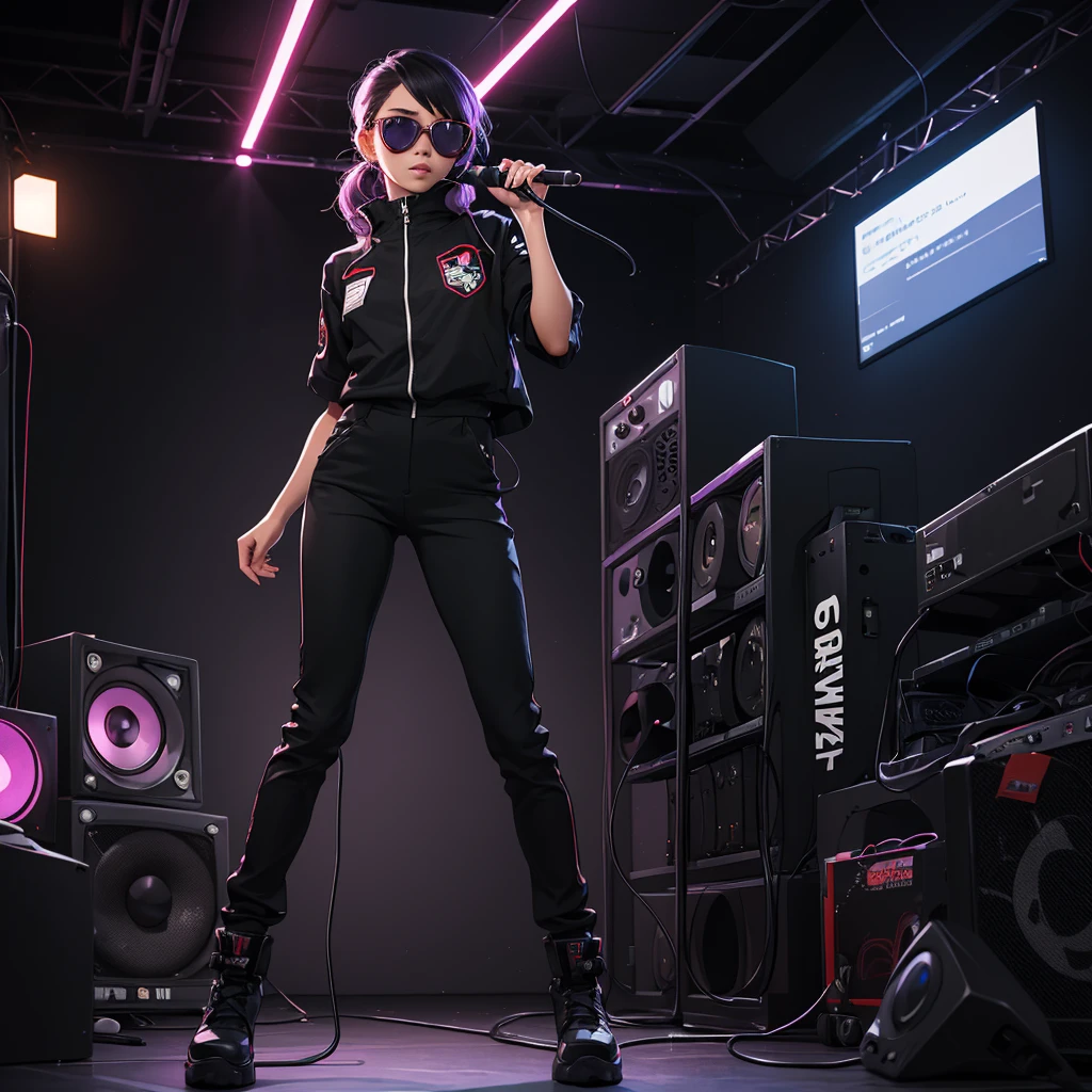 Black workwear jumpsuit、A woman wearing a costume with glowing purple lines, cyber punk, Punk Rock, Mosh Pit, (Highest quality,4K,8K,High resolution,masterpiece:1.2),Live Stage、Laser beam background、Large sunglasses,Punkish hairstyle、Full body portrait
