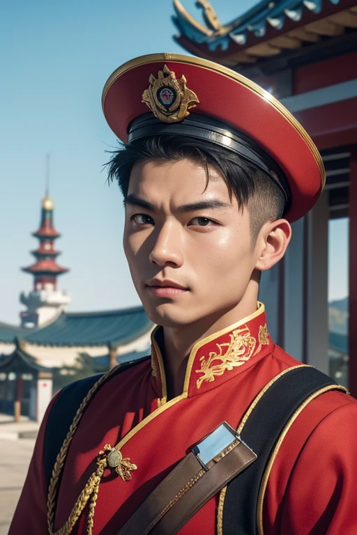 a male asian person in a red chinese revolutionary uniform, heroic chinese warrior, giant chinese dragon, detailed portrait, ultra-detailed, (best quality,8k,highres,masterpiece:1.2),ultra-detailed,(realistic,photorealistic,photo-realistic:1.37),HDR,UHD,studio lighting,ultra-fine painting,sharp focus,physically-based rendering,extreme detail description,professional,vivid colors,bokeh,concept art