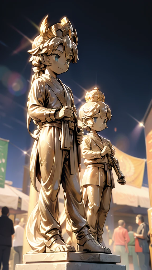 一个男孩的Gold statue旁边停着一只燕子。王子的Gold statue，Prince style，Prince costume，Court dress，Gold statue，男孩的Gold statue，带着黄金冠冕的Gold statue，脚边停着一只燕子的Gold statue，Golden Boy Statue，Gold statue，Cute boy，British style，Victorian style，crown，crown，Golden Boy Sculpture，Golden Boy Statue，Gold statue，佩剑的Gold statue，腰带上挂着配剑的Gold statue，Cute boy，shota，Cute boy，Cute boy，Moe，Giant golden statue，Giant golden statue，Outdoor Background，Smiling statue，Close-up shot from waist up