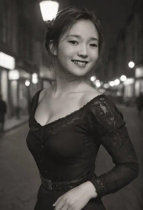 1fille, sourire, rue de tokyo, nuit, cityscape, city lights, haut du corps, a victorian-era woman poses for a head and shoulder ...