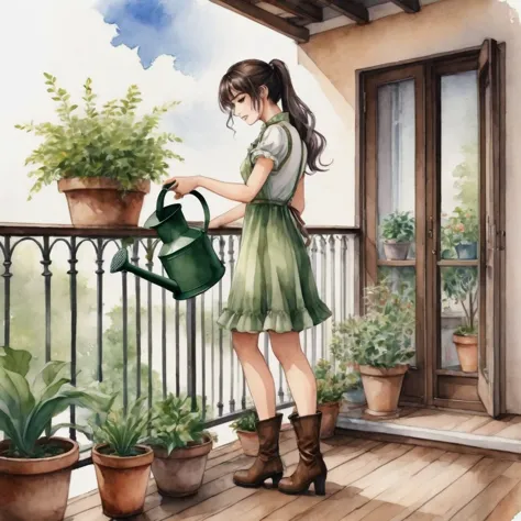 anime girl, watercolor painting. captured, a woman is seen watering several potted plants on a balcony. she is dressed in a shor...