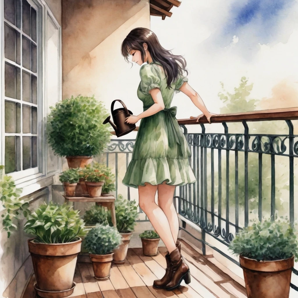 anime girl, Watercolor painting. Captured, a woman is seen watering several potted plants on a balcony. She is dressed in a short whitish green dress, adorned with short sleeves and a ruffled neckline. Her long, dark hair is neatly pulled back into a ponytail, and she is wearing high-heeled brown boots. Her right hand is raised, holding a watering can, while her left hand is positioned on the balcony railing. The balcony railing, dark brown in color, is punctuated by a series of wrought iron bars, adding a touch of elegance to the environment. The setting has wooden floors, giving the composition a rustic charm. soft light.