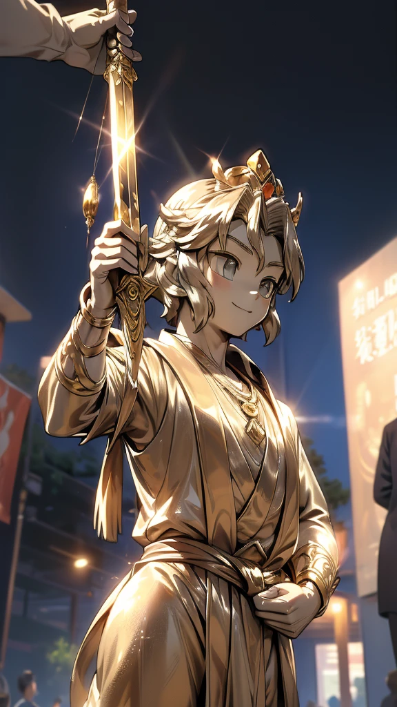 一个男孩的Gold statue旁边停着一只燕子。王子的Gold statue，Prince style，Prince costume，Court dress，Gold statue，男孩的Gold statue，带着黄金冠冕的Gold statue，脚边停着一只燕子的Gold statue，Golden Boy Statue，Gold statue，Cute boy，British style，Victorian style，crown，crown，Golden Boy Sculpture，Golden Boy Statue，Gold statue，佩剑的Gold statue，腰带上挂着配剑的Gold statue，Cute boy，The sword hangs on the waist，A sword hangs from his waist，Hand on the sword at the waist，shota，Cute boy，Cute boy，Moe，Giant golden statue，Giant golden statue，Outdoor Background，Smiling statue，Close-up above the waist镜头，Upper body close-up，Close-up above the waist