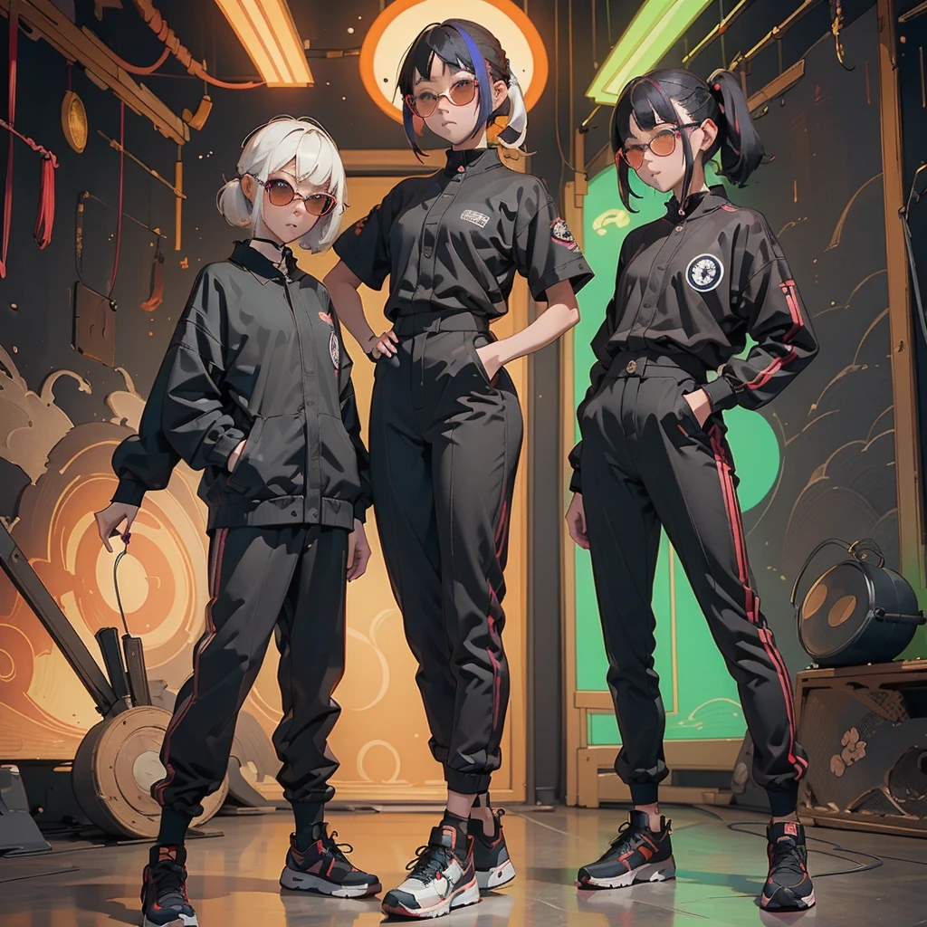 Black workwear jumpsuit、Costume with glowing yellow-green linesを着た女性, cyber punk, Hard Rock Metal, Mosh Pit, (Highest quality,4K,8K,High resolution,masterpiece:1.2),Live Stage、Costume with glowing yellow-green lines、Large sunglasses,Punkish hairstyle、Full body portrait
