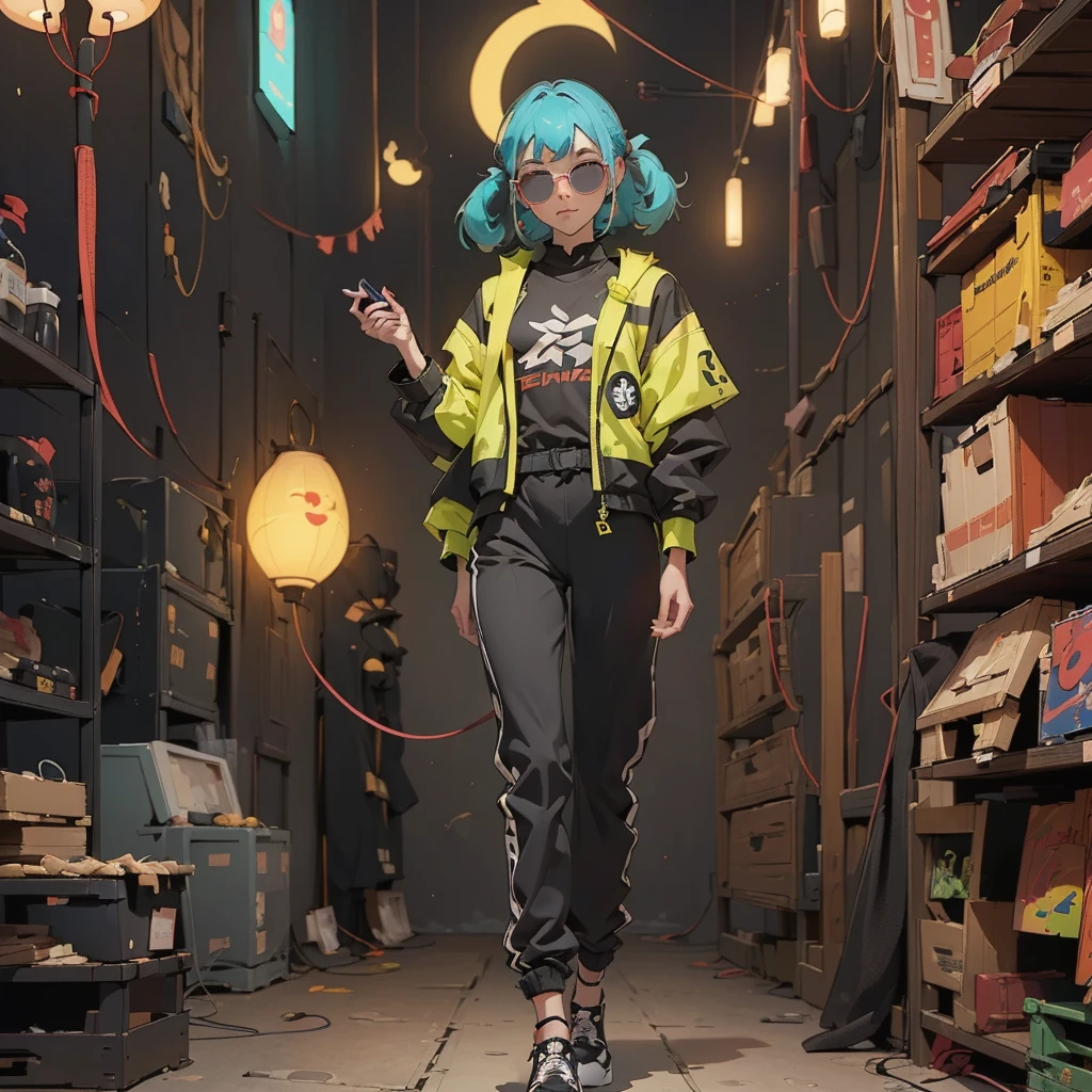 Black workwear jumpsuit、Costume with glowing yellow-green linesを着た女性, cyber punk, Hard Rock Metal, Mosh Pit, (Highest quality,4K,8K,High resolution,masterpiece:1.2),Live Stage、Costume with glowing yellow-green lines、Large sunglasses,Punkish hairstyle、Full body portrait
