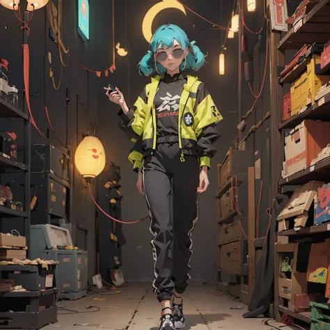 black workwear jumpsuit、costume with glowing yellow-green linesを着た女性, cyber punk, hard rock metal, mosh pit, (highest quality,4k...