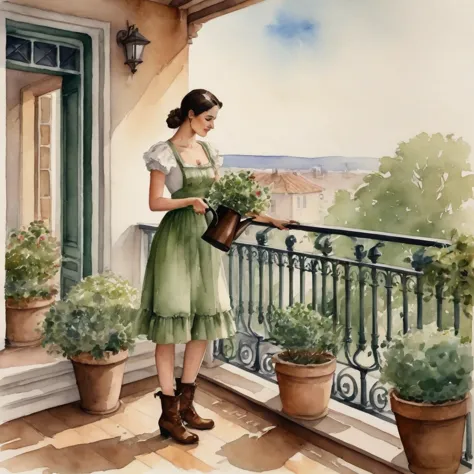 watercolor painting. captured, a woman is seen watering several potted plants on a balcony. she is dressed in a short whitish gr...