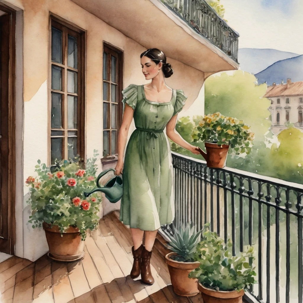 Watercolor painting. Captured, a woman is seen watering several potted plants on a balcony. She is dressed in a short whitish green dress, adorned with short sleeves and a ruffled neckline. Her long, dark hair is neatly pulled back into a ponytail, and she is wearing high-heeled brown boots. Her right hand is raised, holding a watering can, while her left hand is positioned on the balcony railing. The balcony railing, dark brown in color, is punctuated by a series of wrought iron bars, adding a touch of elegance to the environment. The setting has wooden floors, giving the composition a rustic charm. soft light.