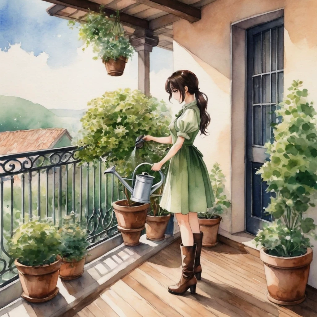 anime girl, Watercolor painting. Captured, a woman is seen watering several potted plants on a balcony. She is dressed in a short whitish green dress, adorned with short sleeves and a ruffled neckline. Her long, dark hair is neatly pulled back into a ponytail, and she is wearing high-heeled brown boots. Her right hand is raised, holding a watering can, while her left hand is positioned on the balcony railing. The balcony railing, dark brown in color, is punctuated by a series of wrought iron bars, adding a touch of elegance to the environment. The setting has wooden floors, giving the composition a rustic charm. soft light.