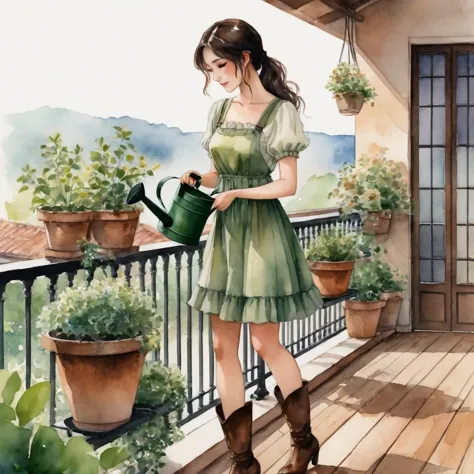 anime girl, watercolor painting. captured, a woman is seen watering several potted plants on a balcony. she is dressed in a shor...