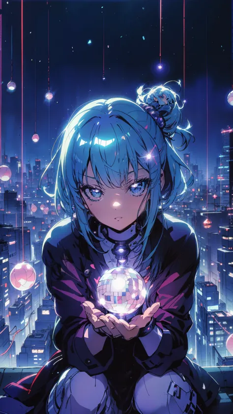 A solemn teenager girl with bright Chrome hair sitting on a rooftop, holding a glowing heart-shaped disco ball, surrounded by fl...