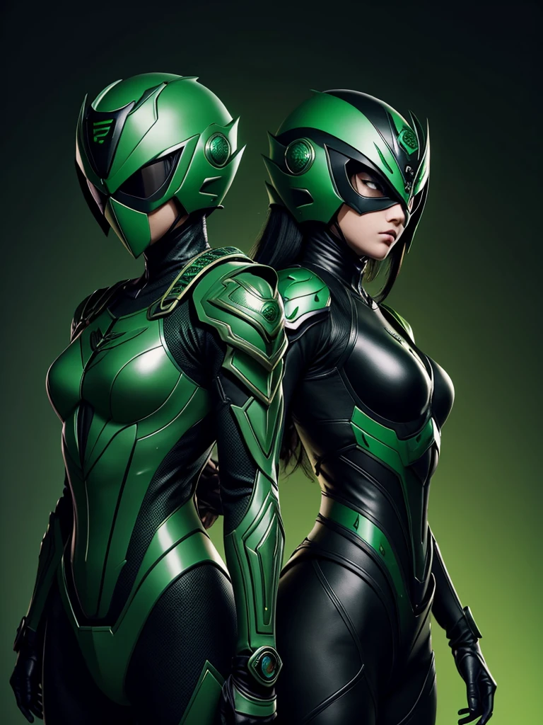 1 teenage girl. Slim body. Female Kamen rider. Basilisk styled kamen rider. Green and black female kamen rider suit. Basilisk styled full face kamen rider helmet. No face exposed. No hair exposed. Kamen rider belt. Standing pose. Green background.