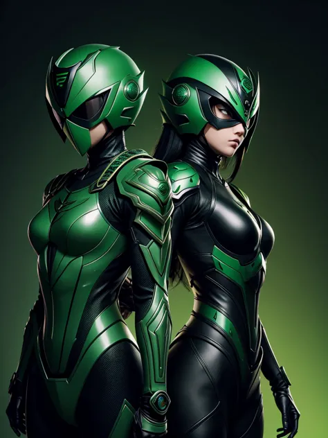 1 teenage girl. slim body. female kamen rider. basilisk styled kamen rider. green and black female kamen rider suit. basilisk st...