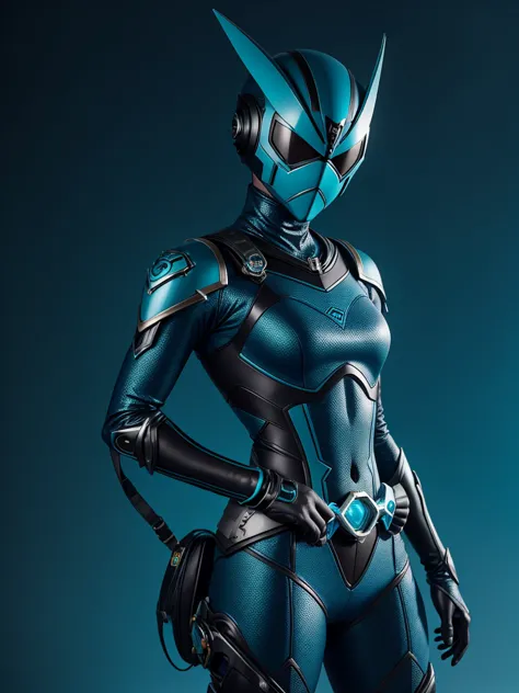 teenage girl. slim body. female kamen rider. sea serpent styled kamen rider. blue and black female kamen rider suit. sea serpent...