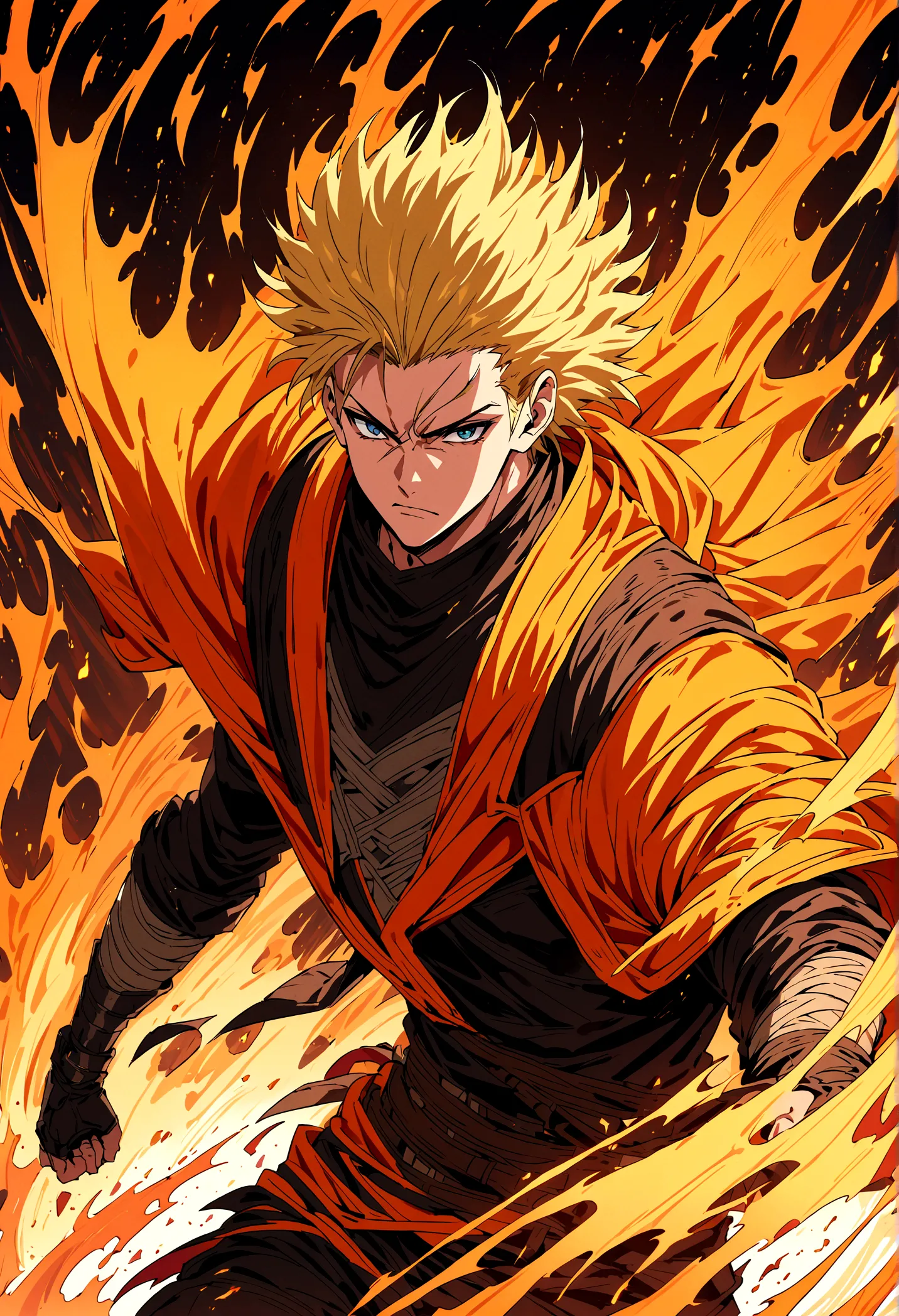 An anime fighter, assasin outfit, fire around him, short high fade hair, blonde hair, 