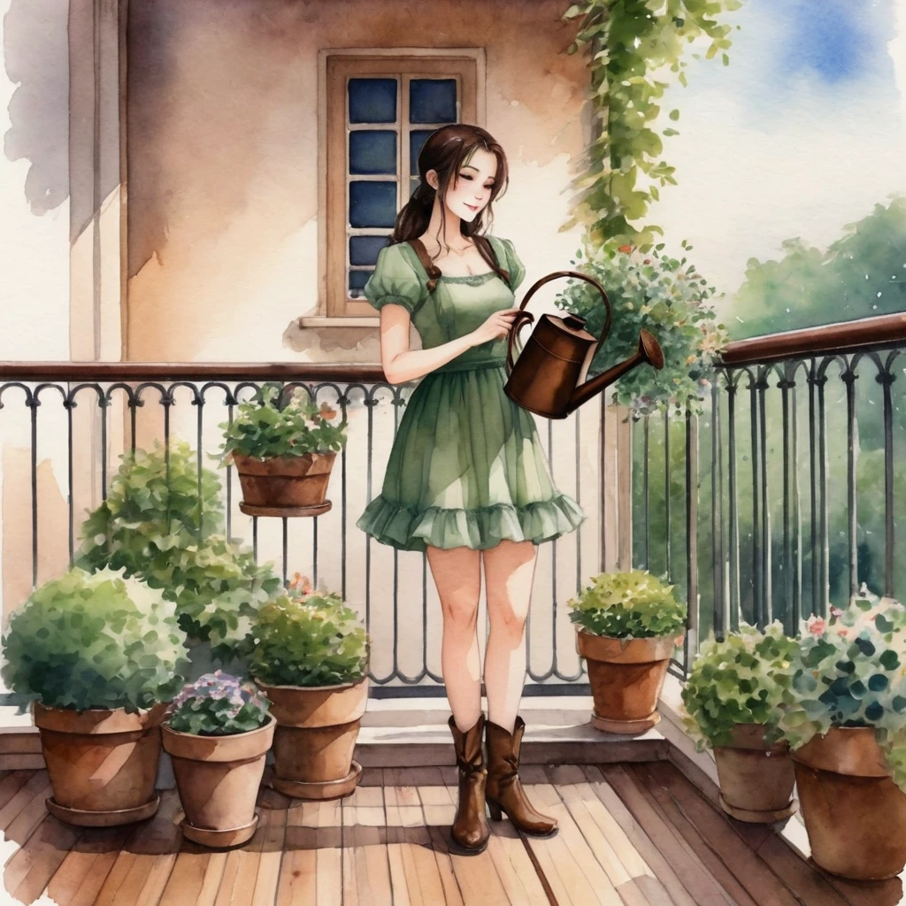 anime girl, Watercolor painting. Captured, a very beautiful woman is seen watering several potted plants on a balcony. She is dressed in a short whitish green dress, adorned with short sleeves and a ruffled neckline. Her long, dark hair is neatly pulled back into a ponytail, and she's wearing high-heeled brown boots. Her right hand is raised, holding a watering can, while her left hand is positioned on the balcony railing. The balcony railing, dark brown in color, is punctuated by a series of wrought iron bars, adding a touch of elegance to the environment. The setting has wooden floors, giving the composition a rustic charm. soft light.