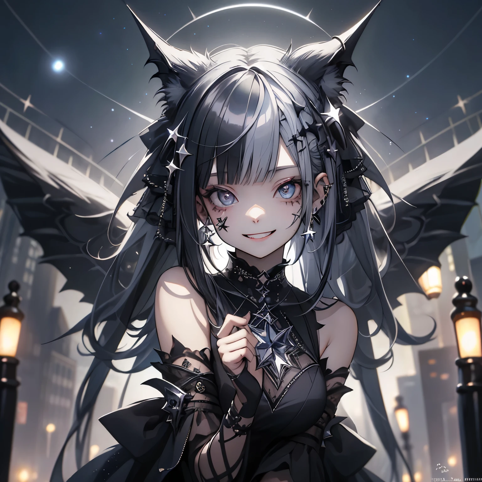 (masterpiece), Highest quality, Ultra-high resolution,Gothic、Silver Hair、Black Hair、Big smile、Bat、smile、Sick Makeup、(Background starry sky:1.3)、bamboo、night