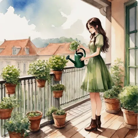 anime girl, watercolor painting. captured, a very beautiful woman is seen watering several potted plants on a balcony. she is dr...