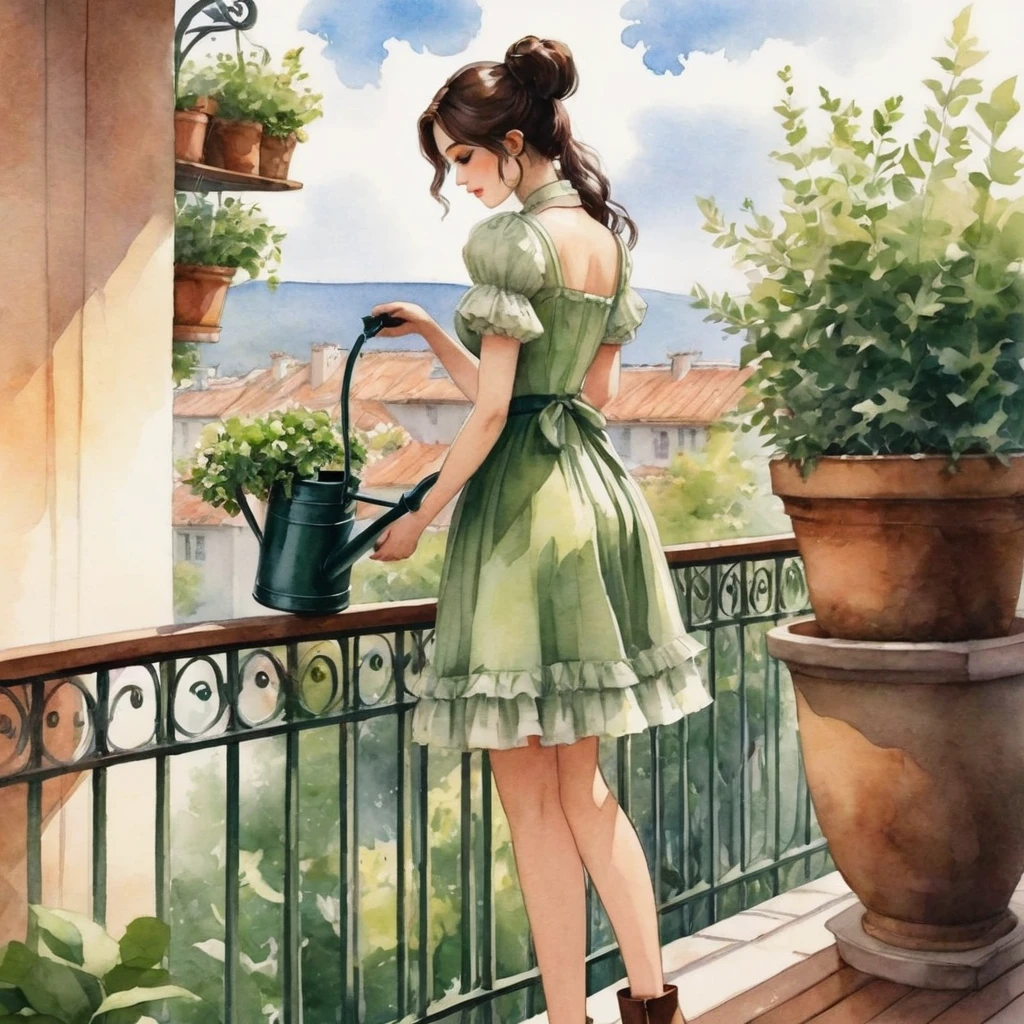 anime girl, Watercolor painting. Captured, a very beautiful woman is seen watering several potted plants on a balcony. She is dressed in a short whitish green dress, adorned with short sleeves and a ruffled neckline. Her long, dark hair is neatly pulled back into a ponytail, and she's wearing high-heeled brown boots. Her right hand is raised, holding a watering can, while her left hand is positioned on the balcony railing. The balcony railing, dark brown in color, is punctuated by a series of wrought iron bars, adding a touch of elegance to the environment. The setting has wooden floors, giving the composition a rustic charm. soft light. by anna dittmann