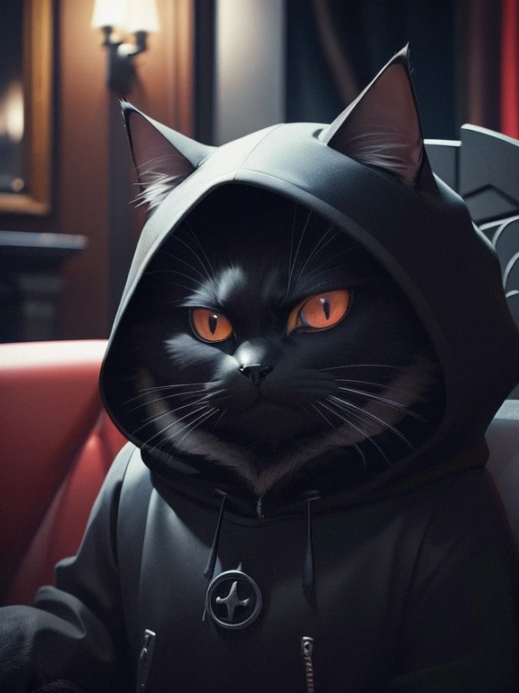 A black cat walking like a human. Wearing a black hood, exuding a sinister aura, a disseminator of darkness, the cat's face is round and fluffy, with glowing red eyes, the background is a creepy castle, the Dark Lord, his face is full of hatred, sitting on his throne, the texture looks like a 3D rendering or digital art.