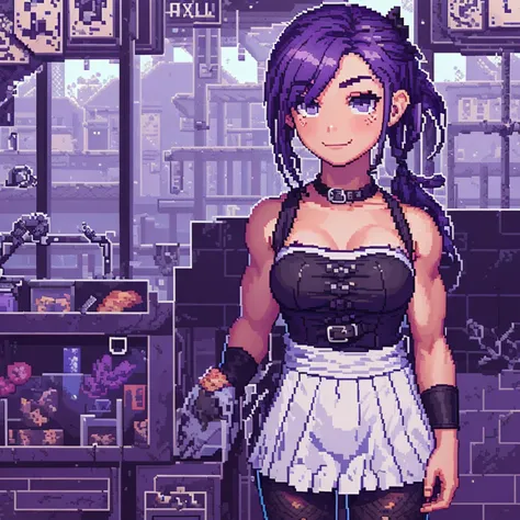 ( pixel art,:1.56), abigail from stardew valley, pixelated upper body sprite portrait from the shoulders up, pale mucular goth g...