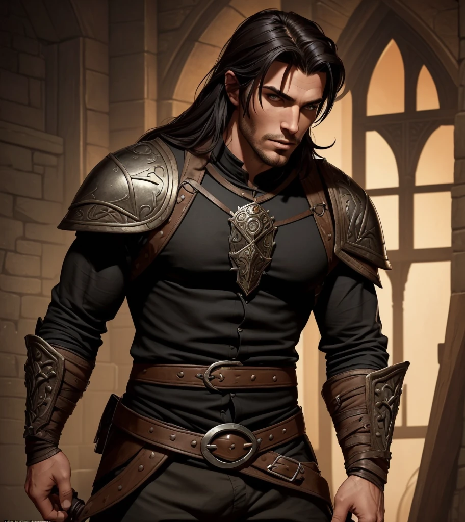 (((Solo character image.))) (((Generate a single character image.)))  (((He is the sexiest man in town with a great body and a risque outfit.))) Amazingly handsome, sexy and sexually appealing male character.  (((Shoulder length sexy hair.)))Looks like a fun and thrilling male adventurer for Dungeons & Dragons.   Looks like a male bard for Dungeons & Dragons.  Looks like sexy Peter Pan.  Masterpiece, male, (((black shirt))), (((sinister appearance))), lusty stare, (((effeminate))), roguish good looks, (((metrosexual))), (((hot guy))), beautiful face, (((sexy eyes))), waistcoat, (((darkly attractive))), (((very sexy mouth))), roguish, sexy shirt, sexy body, suave, charming, entertainer, musician, musical instrument, Medieval clothing, youthful, sexy, seductive, athletic, desirable, detailed and intricate, armed, character portrait, athletic, fantasy art, fantasy setting, dungeons & dragons, pathfinder, skyrim, fantasy adventurer, fantasy NPC, game of thrones