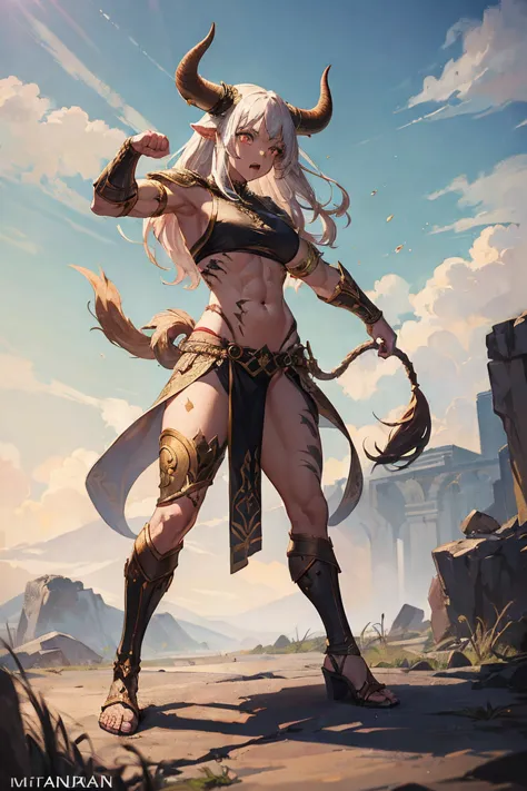 (best quality, masterpiece:1.2), 1girl, minotaur, ((full body)), standing, standing proudly, fighting stance, ((ferocious face))...