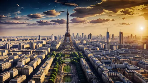 a photorealistic picture of a Paris skyline at sunset with a huge Saturn planet in the sky