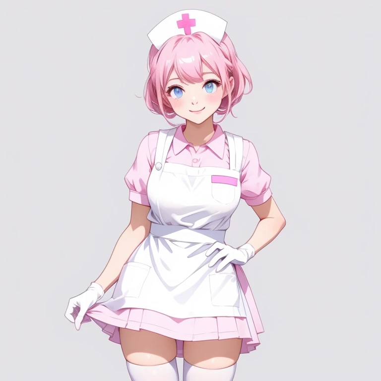 1girl, solo, nurse, nurse cap, pink collared dress, white apron, ((white legwear, zettai ryouiki)), white gloves, pink hair, blue eyes, drooping eyes, smile, standing, sharp outline, short sleeves, gray background, simple background, best quality, masterpiece