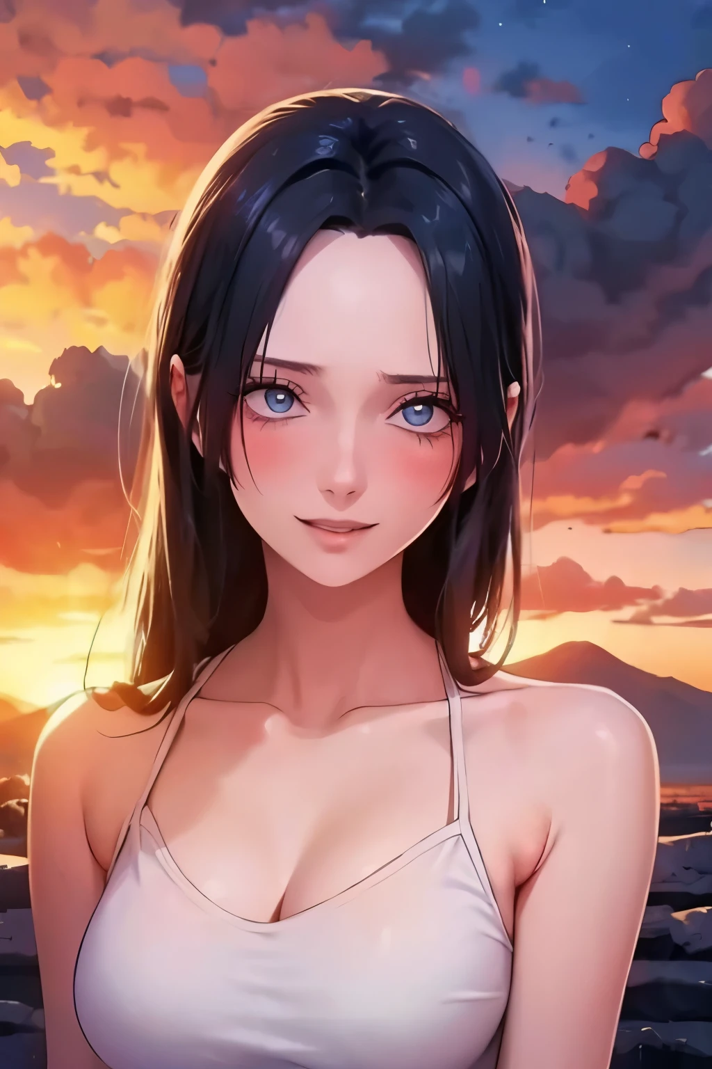 1girl, masterpiece, extremly detailed, (beautiful detailed glow), lens flare, white hair, short hair, floating hair, looking back, back behind, smile, blue eyes, white dress, medium breasts, upper body, wide shot,  ((salar de uyuni)), sunrise, clouds, backlighting, purple sky, yellow sky, gradient sky, hands on hat