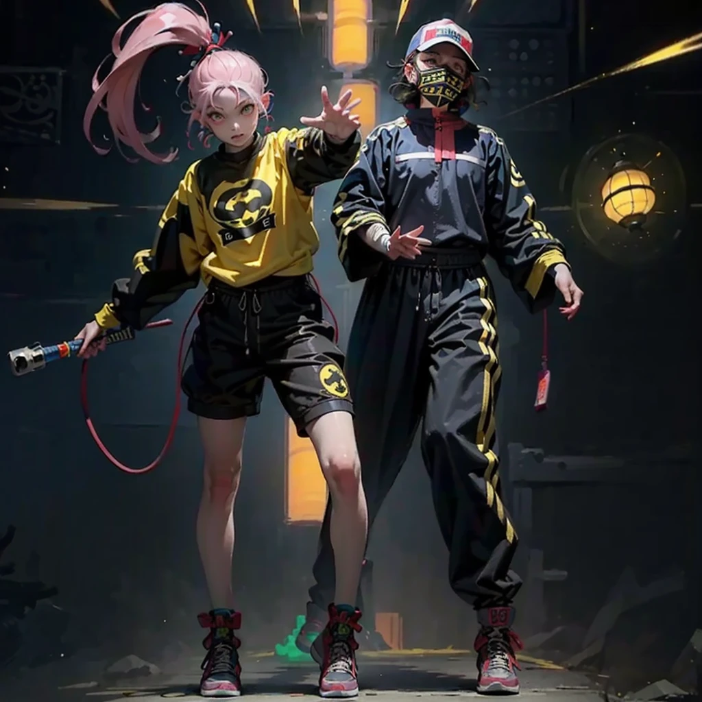 Black workwear jumpsuit、Costume with glowing yellow-green linesを着た女性, cyber punk, Hard Rock Metal, Mosh Pit, (Highest quality,4K,8K,High resolution,masterpiece:1.2),Live Stage、Costume with glowing yellow-green lines、Large sunglasses,Punkish hairstyle、Full body portrait
